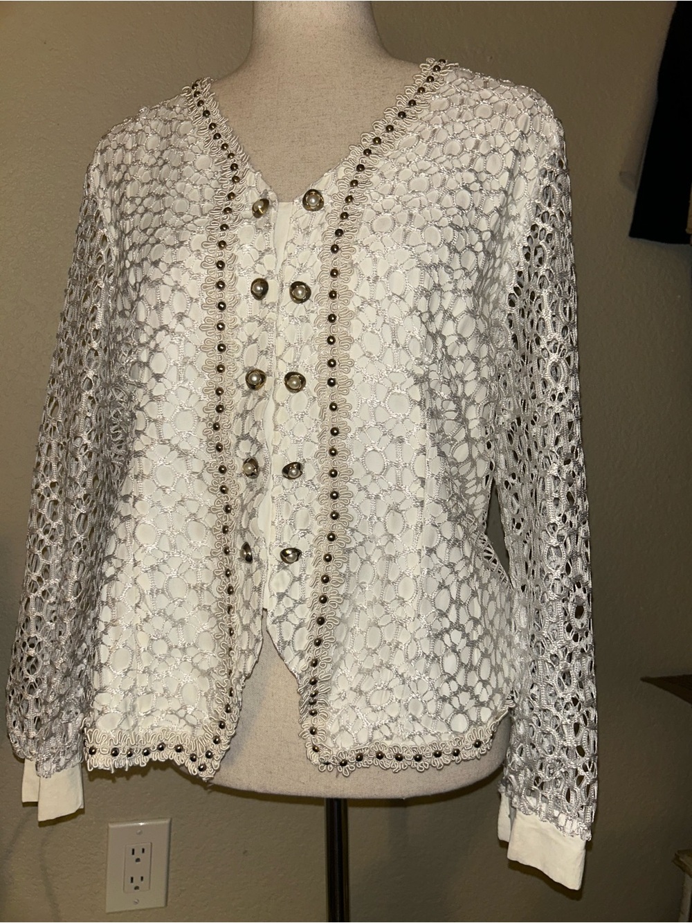 Lenovia Fashion Cream Embellished Lace Mesh Blouse or Blazer Jacket